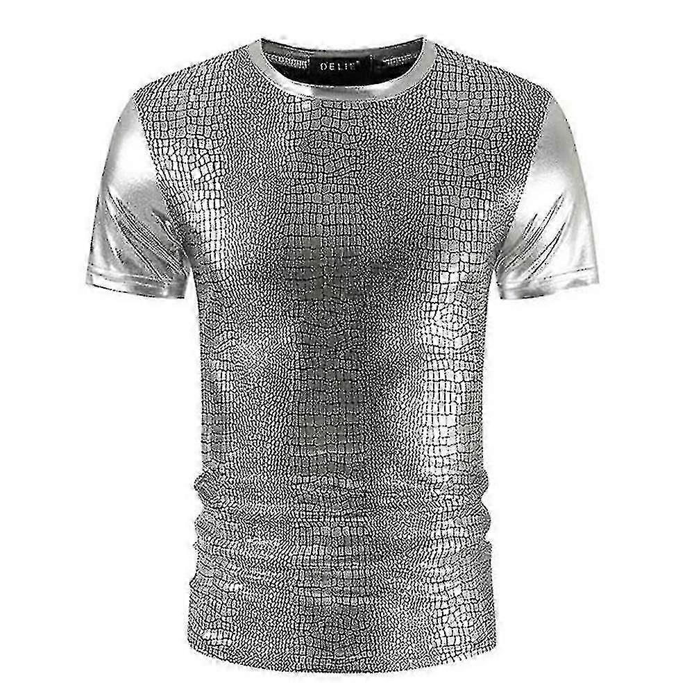 Męska koszulka z okrągłym dekoltem, błyszcząca, z krótkim rękawem, błyszcząca, z lat 70. i 80., na imprezę dyskotekową, z krótkim rękawem i nadrukiem