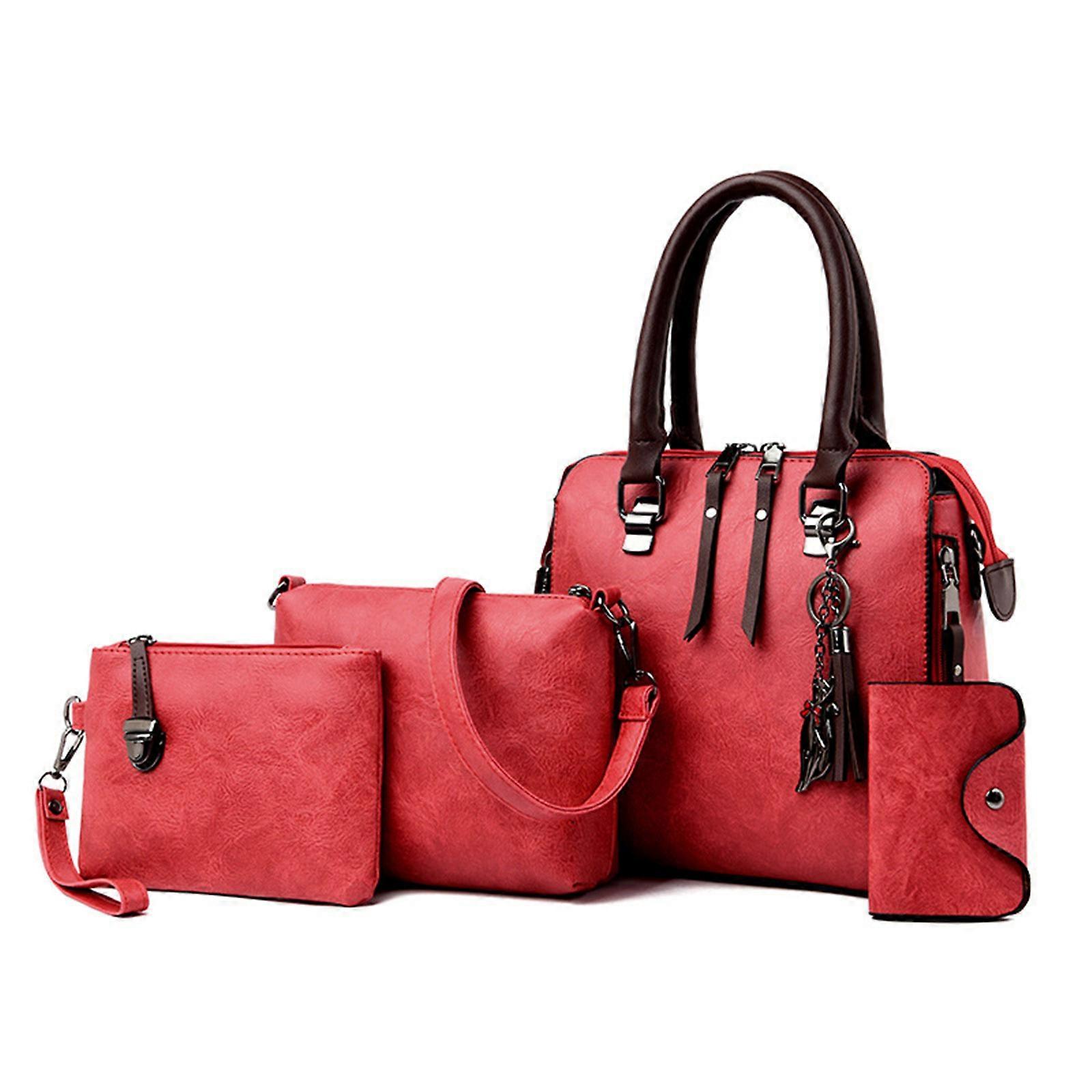 Fashionable 4 In 1 PU Leather Handbag with Top Handle Zippered Closure and Crossbody Strap Wallet Purse for Ladies Red