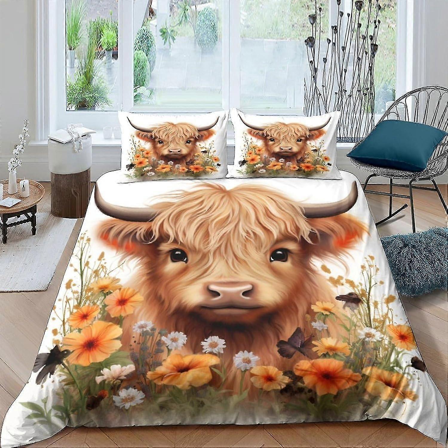 EKENOZ Highland Cow 3D للأطفال والكبار مجموعة غطاء لحاف مطبوع مع حالات وسادة لحاف الفراش مجموعة 3 قطع مجموعة غطاء لحاف مزدوج