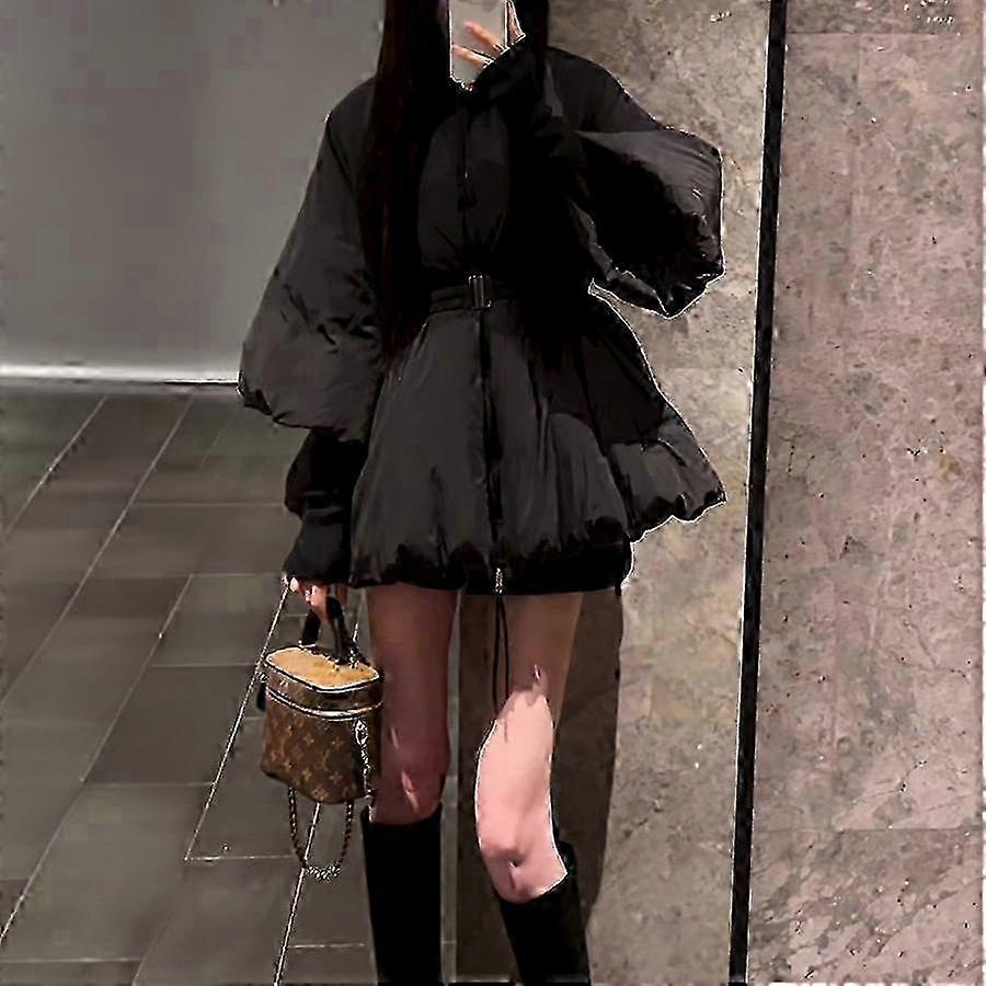 Women's Black Lantern Sleeve Waist Padded Jacket