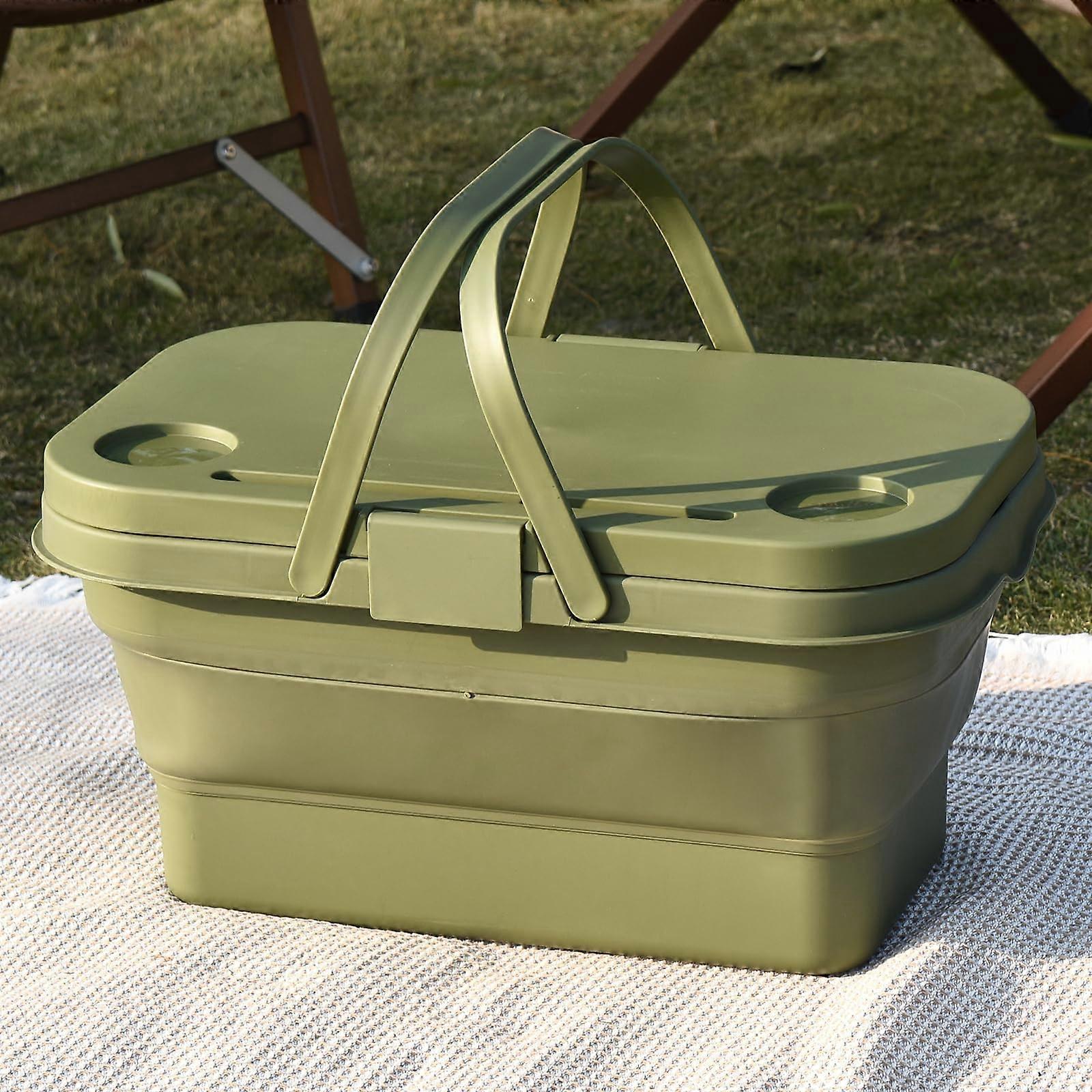Fordable Collapsible Picnic Basket, Waterproof Multi-Functional Storage Basket with Lid for Camping, Food & Home Use - Green
