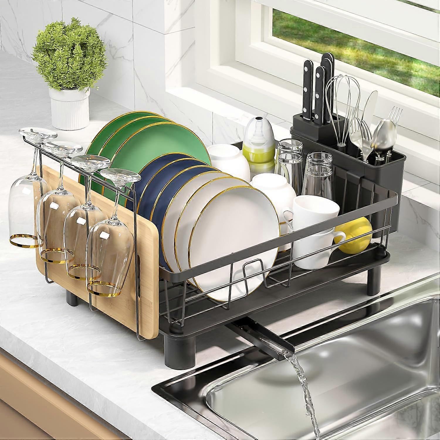 Dish Drying Rack Stainless Steel, Countertop Drainer Utensil Holder For Dishes, Rust-Resistant, 12"W x 15"L, Black