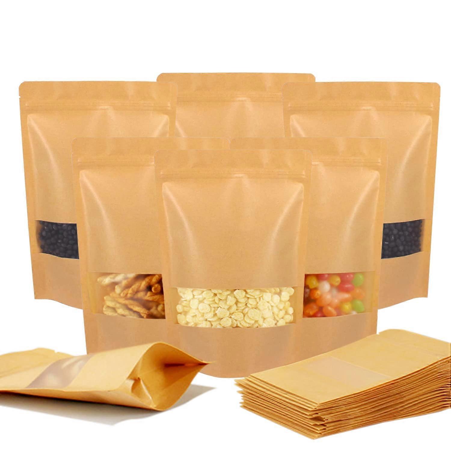 100pcs 7.08x10.27' Kraft Stand Up Pouches Zip Lock Food Storage with Bags Matte Window Multipurpose Kraft Paper Bags Reusable, HeatSealable