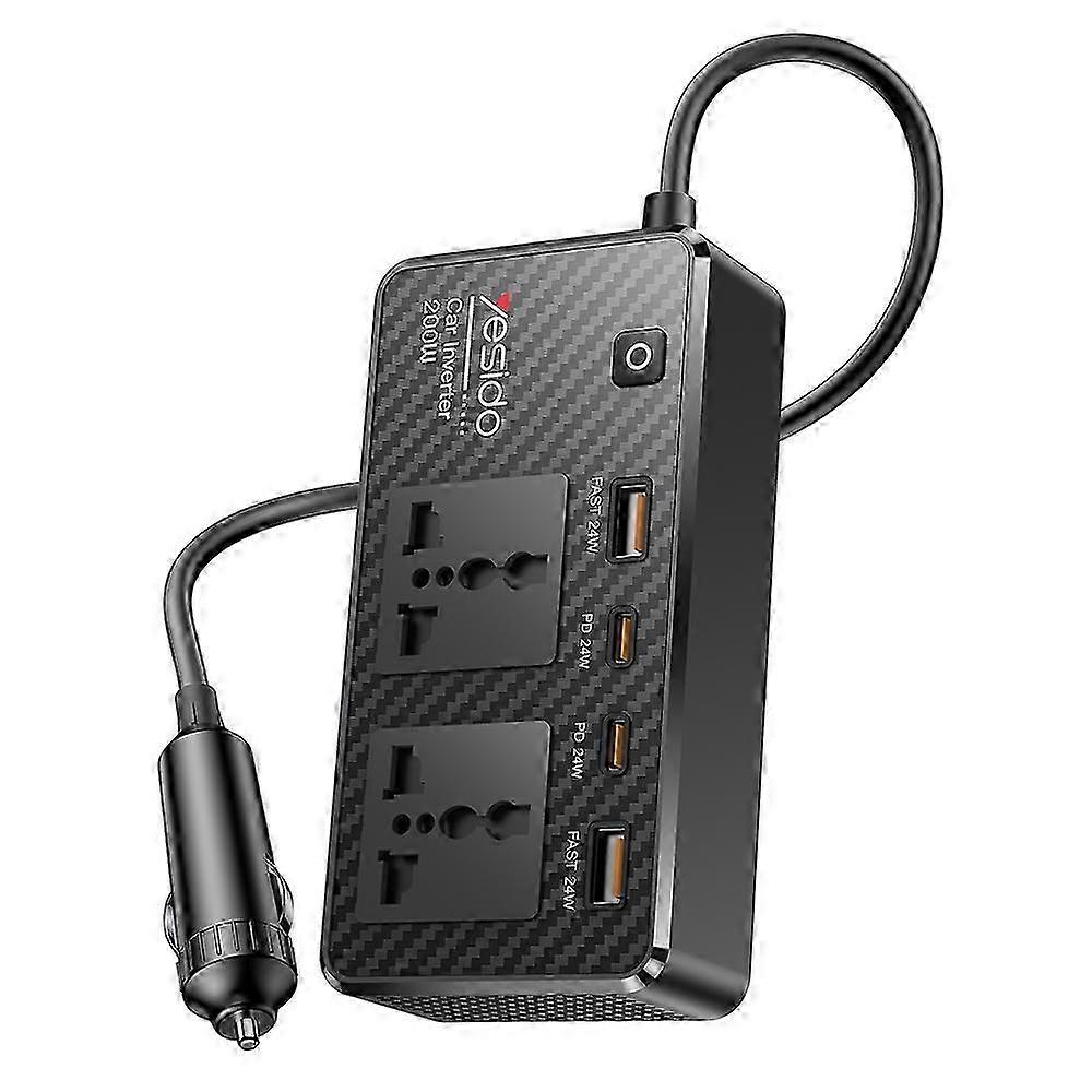 YESIDO VC07 200W High Power Car Inverter Fast Charging Adapter with 2 AC 2 USB 2 Type-C Ports