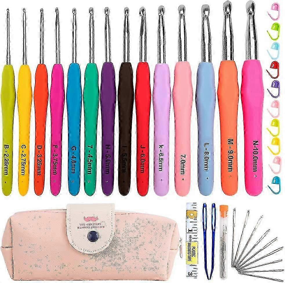 14PCS Crochet Needles Set with Soft Handle, Locks, Sewing Hooks & Case for Adults