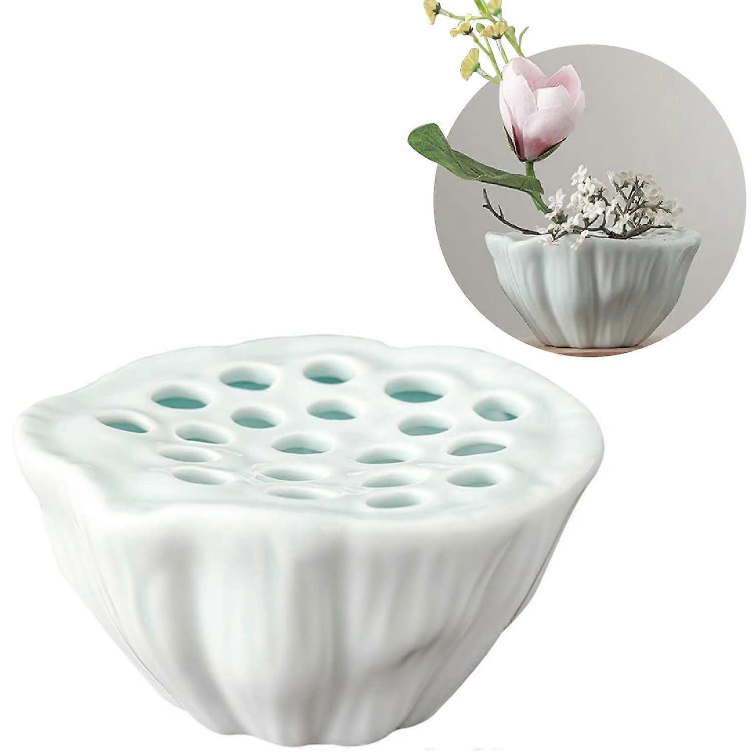 Lotus Pod Flower Arrangement Vase, Light Cyan Ceramic Ikebana Stem Holder, Decorative Kenzan Frog Pot for Floral Displays