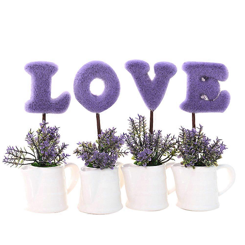 Fake Potted Plants Mini Artificial Plants Set Purple Home Table Window Decor LOVE Letters Shape 1Set