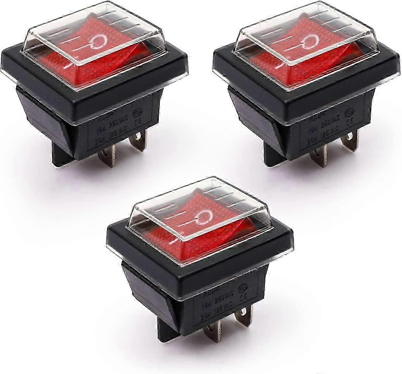 3Pcs Red Light ON/OFF Rocker Switch With Waterproof Cover 16A/250V 20A/125V AC(DPST)