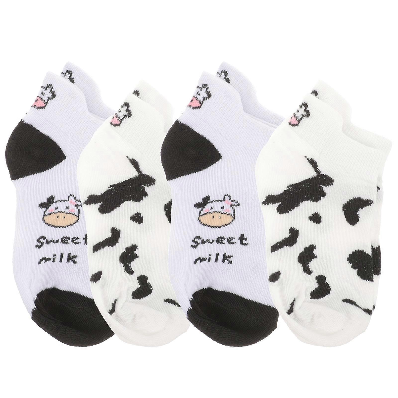 4 Pairs Women's Low Cut Embroidered Cow Pattern Socks Soft Cotton Ankle Boat Socks for Comfortable Daily Wear