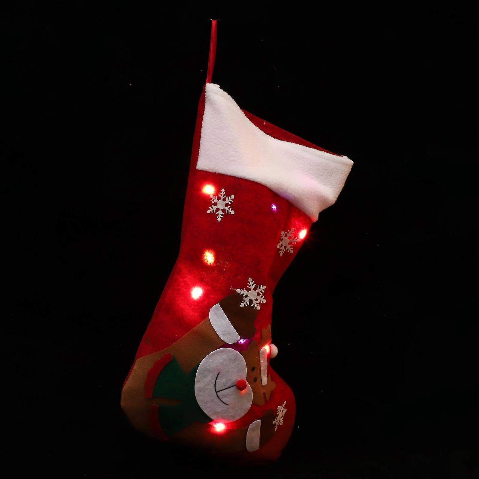 LED Glowing Christmas Stocking Ornament with Reindeer Pattern Festive Hanging Decorative Pendant for Holiday Decorations