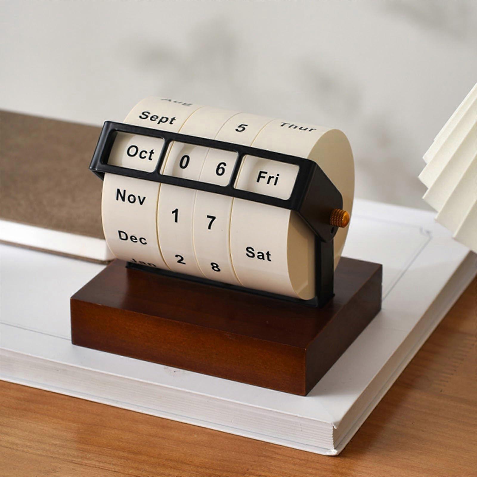 Wooden Perpetual Calendar 2024 Manual Flip Desk Calendar Vintage Style Home Office Date Month Display