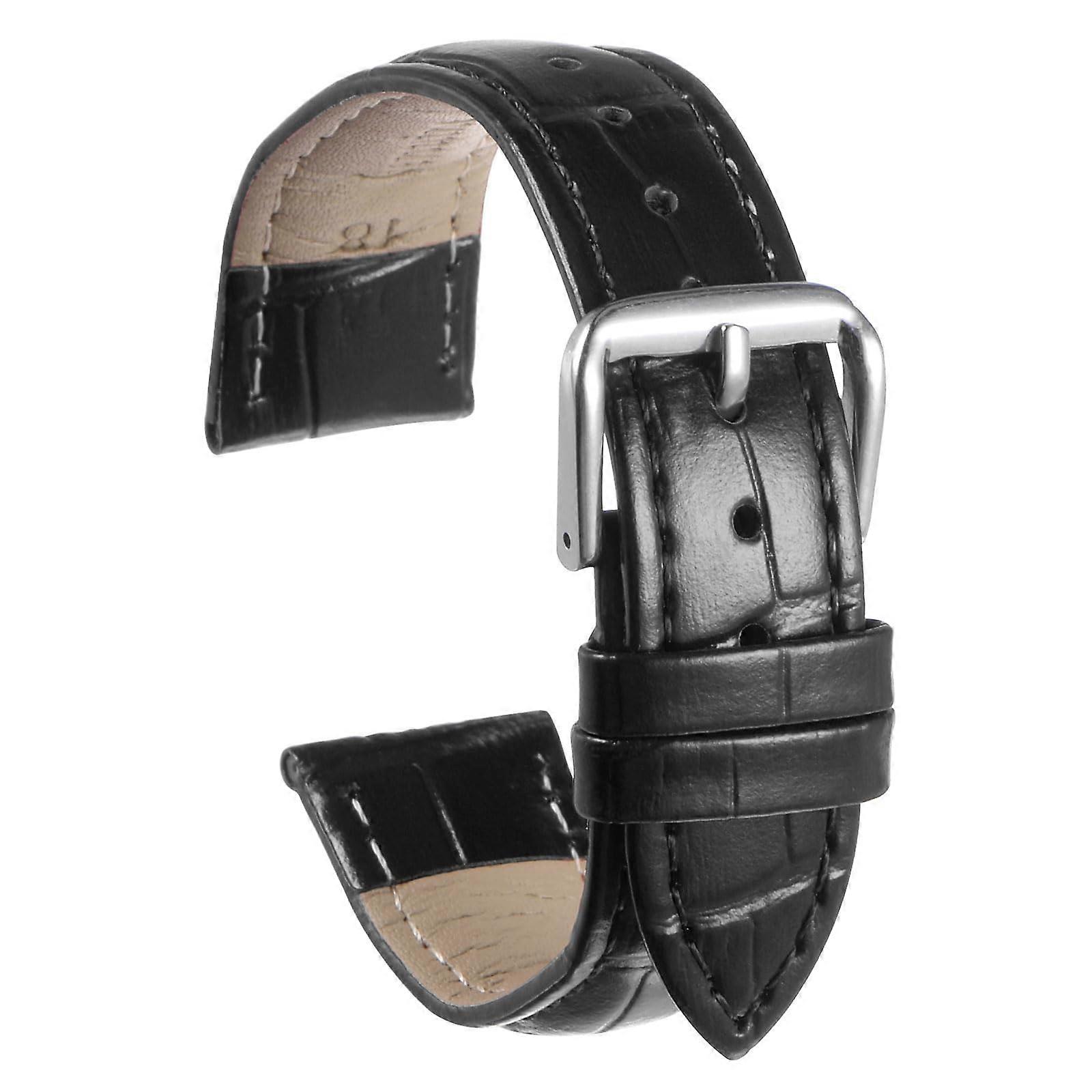 Black 21mm Leather Watch Strap Elegant Smartwatch Bracelet Embossed Pattern Cowhide Replacement Strap with Spring Bars for Men and Women