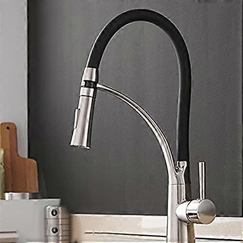 Kitchen Sink Faucet Black Brass Bar Farmhouse Commercial 360 Rotate Rubber Flexible with Fixed Support Button Switch Brushed Nickel 9-16 Hose