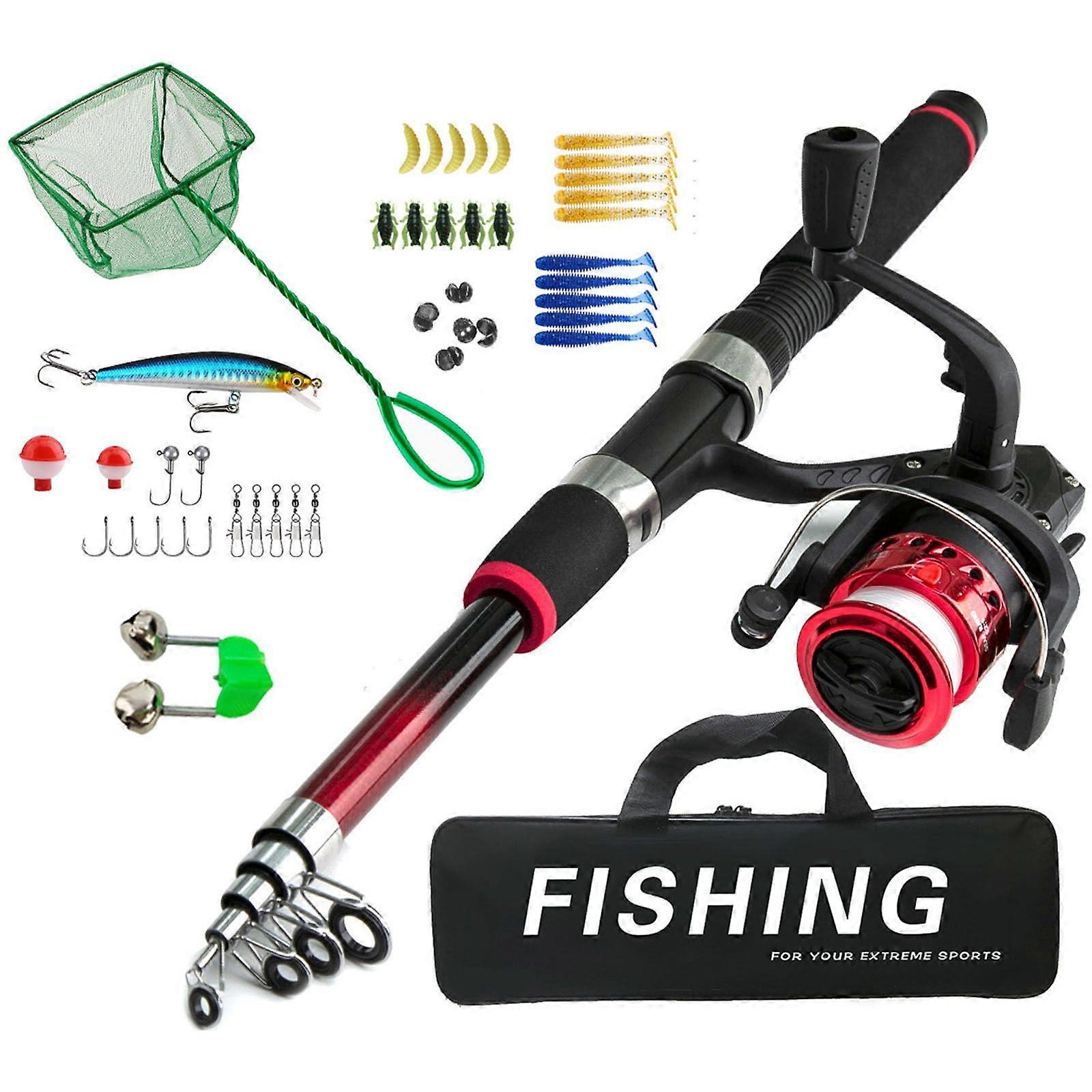 Beginner fishing set including telescopic rod, float, bait, metal hooks, connectors, fishing reel, landing net storage bag, fishing rod red set 3