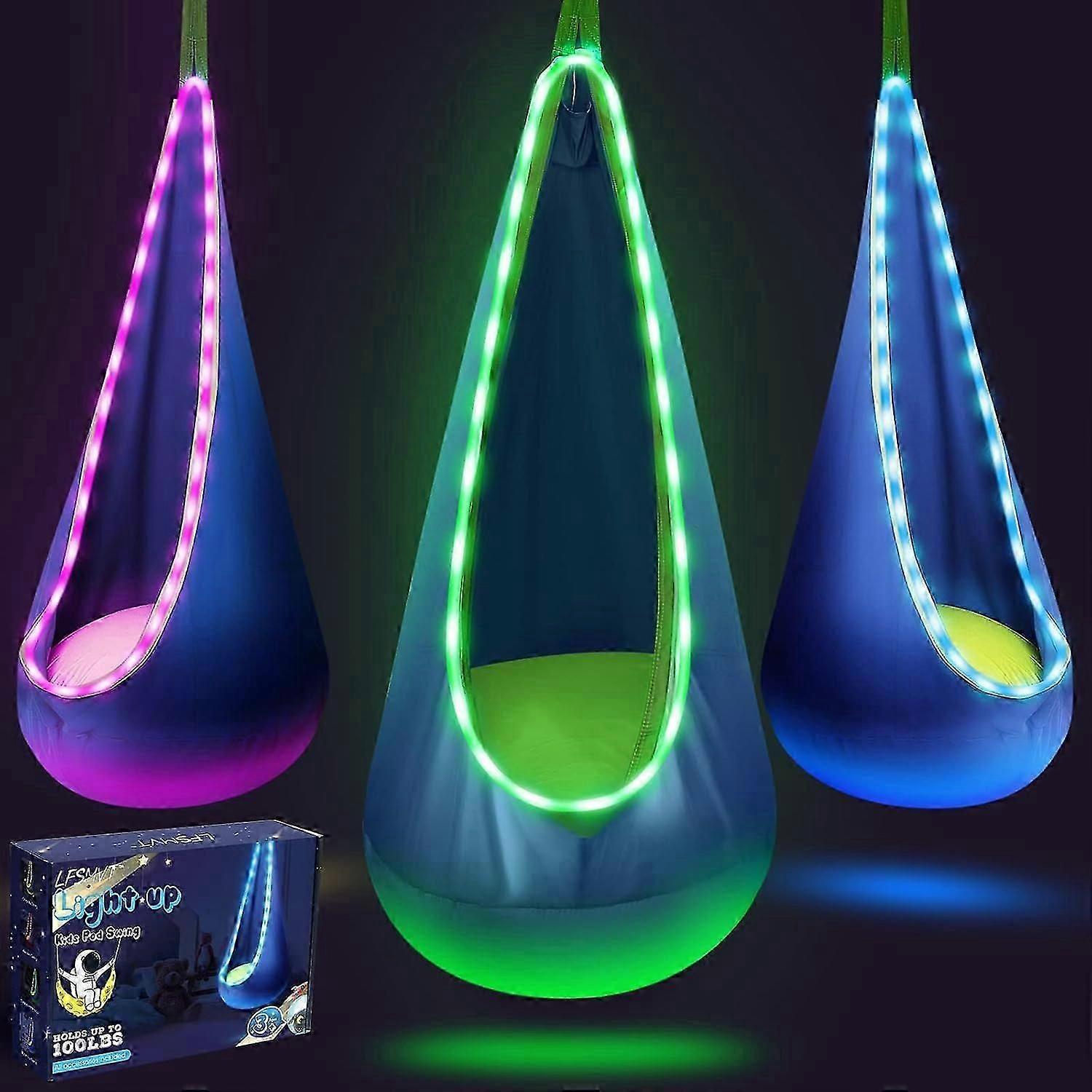 Indoor/Outdoor Sensory Swing Hammock Chair with Inflatable Pillow & LED Lights, Pod Swing Seat for Kids' Reading & Relaxation