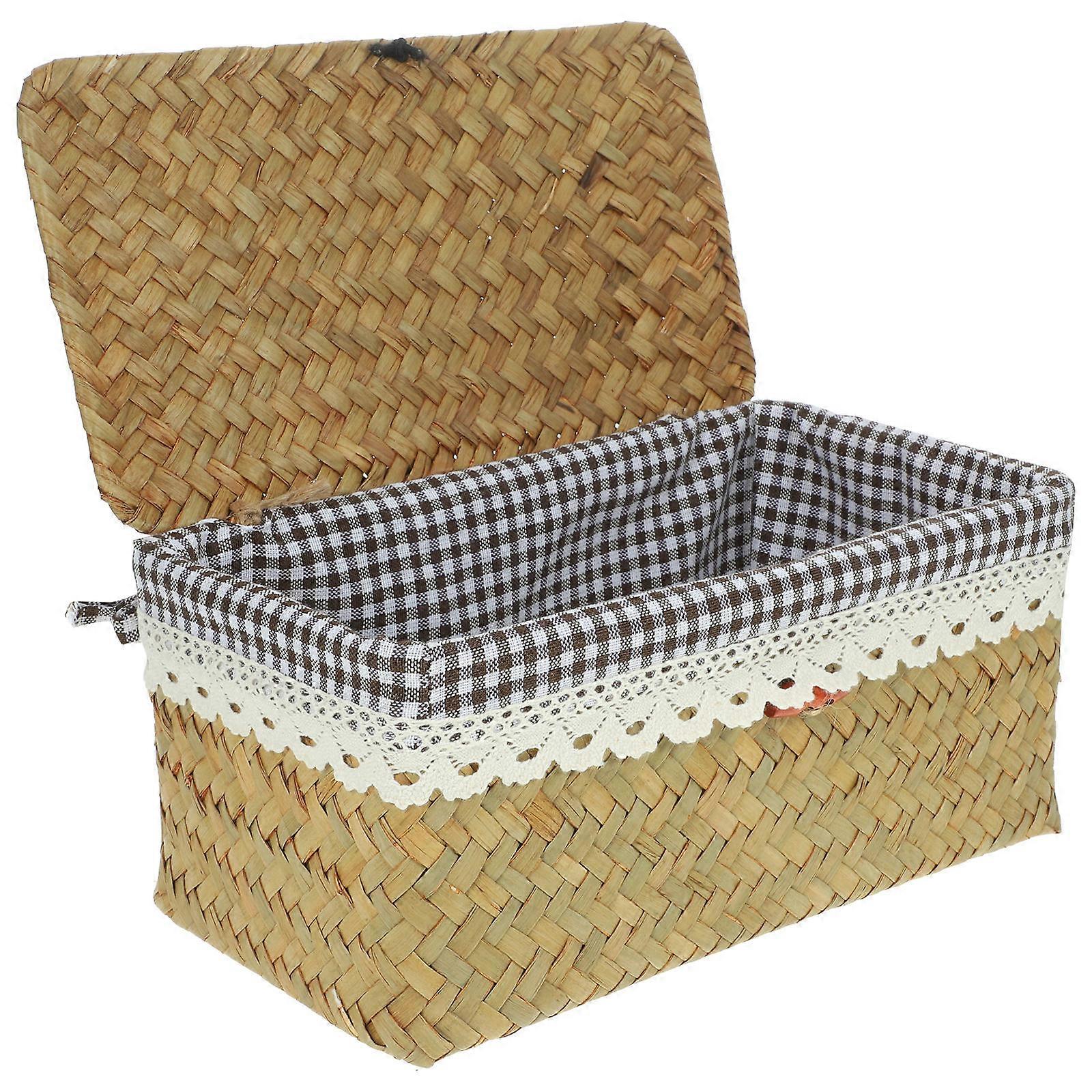 Khaki Hand Woven Storage Basket for Home Use Cloth and Straw Material 7.5 x 5.5 x 9 Inches