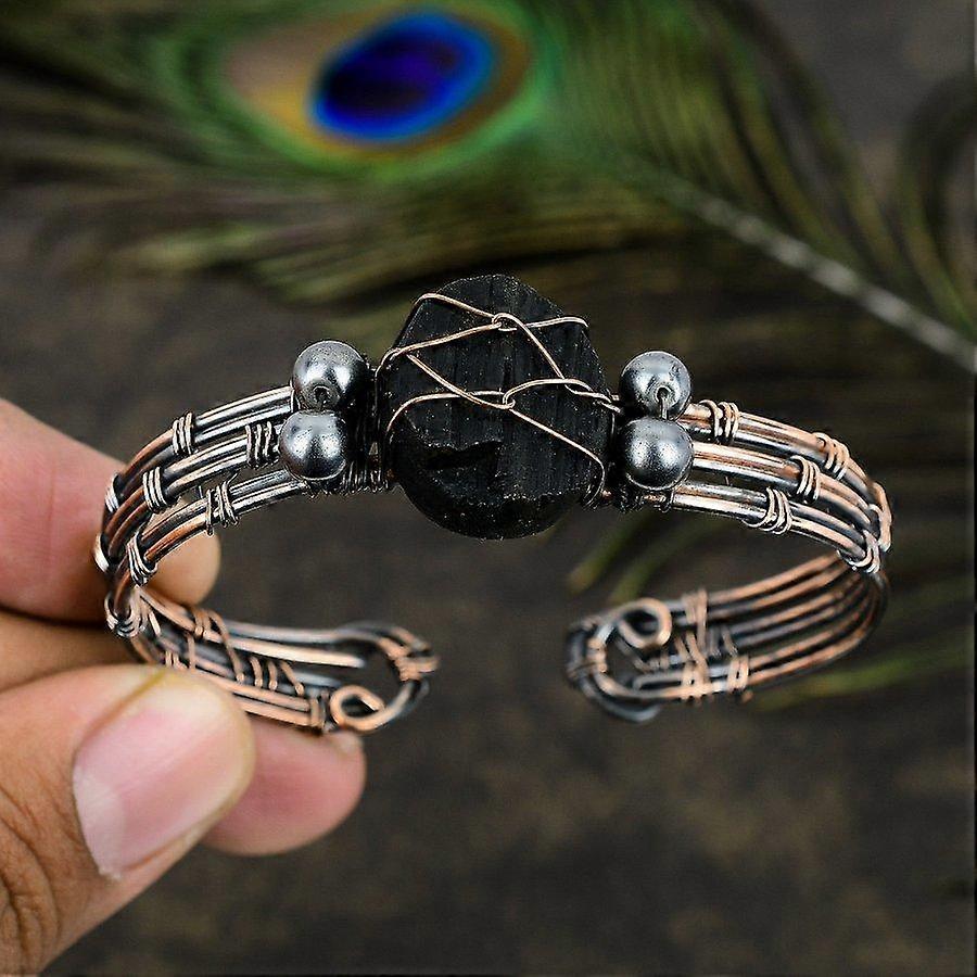 Natural Black Tourmaline Gemstone Copper Wire Wrap Cuff Bangle Adjustable B0s64