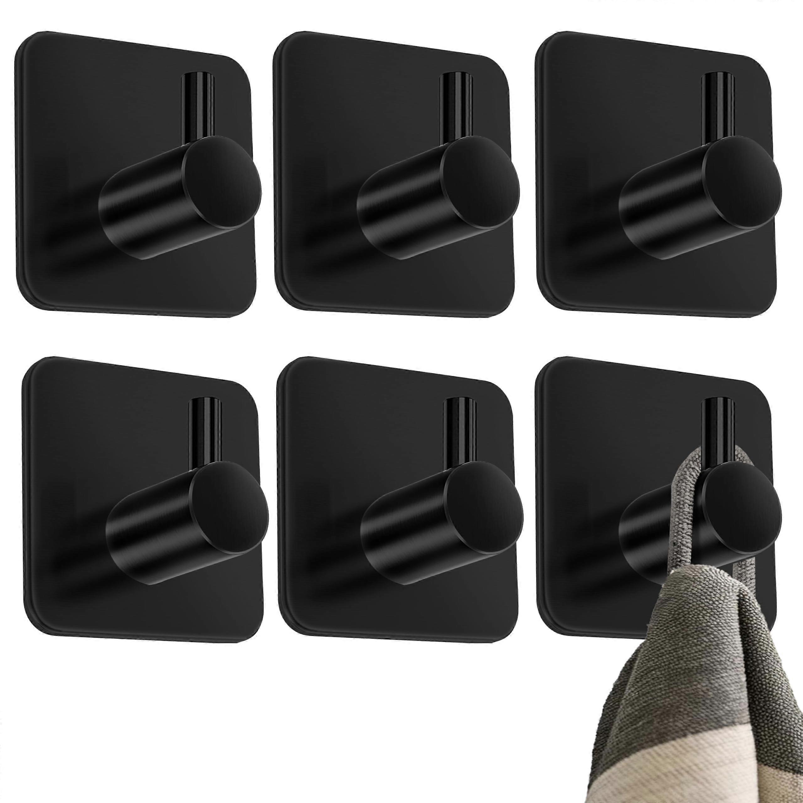 Towel Hooks No Drill Adhesive Hangers For Bathroom Set Of 6 Easy Install Black