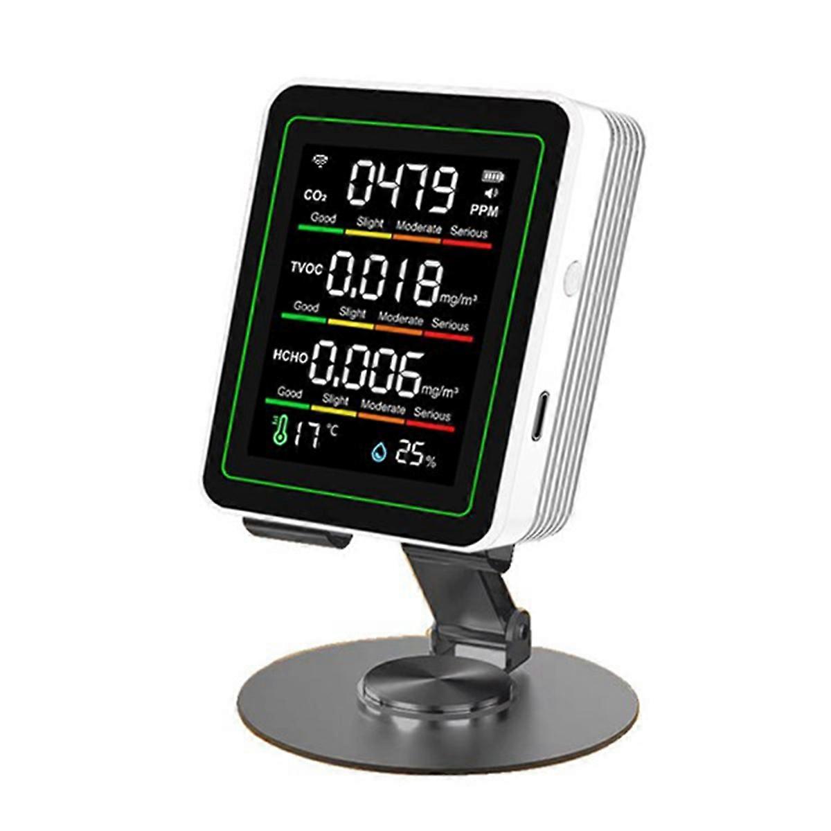 5-in-1 Air Quality Detector with Stand USB Type-C Multifunctional Automatic Display Portable CO2,HCHO,TVOC Tester White