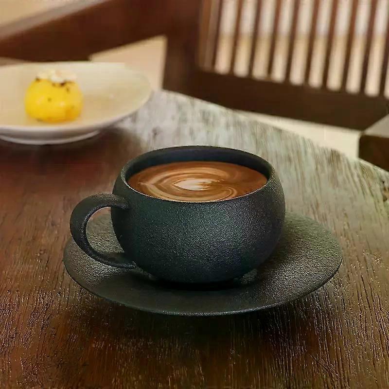 Japanese-Style Ceramic Coffee Mug And Saucer Set Black White Fired Stone Egg-Shaped 280ml