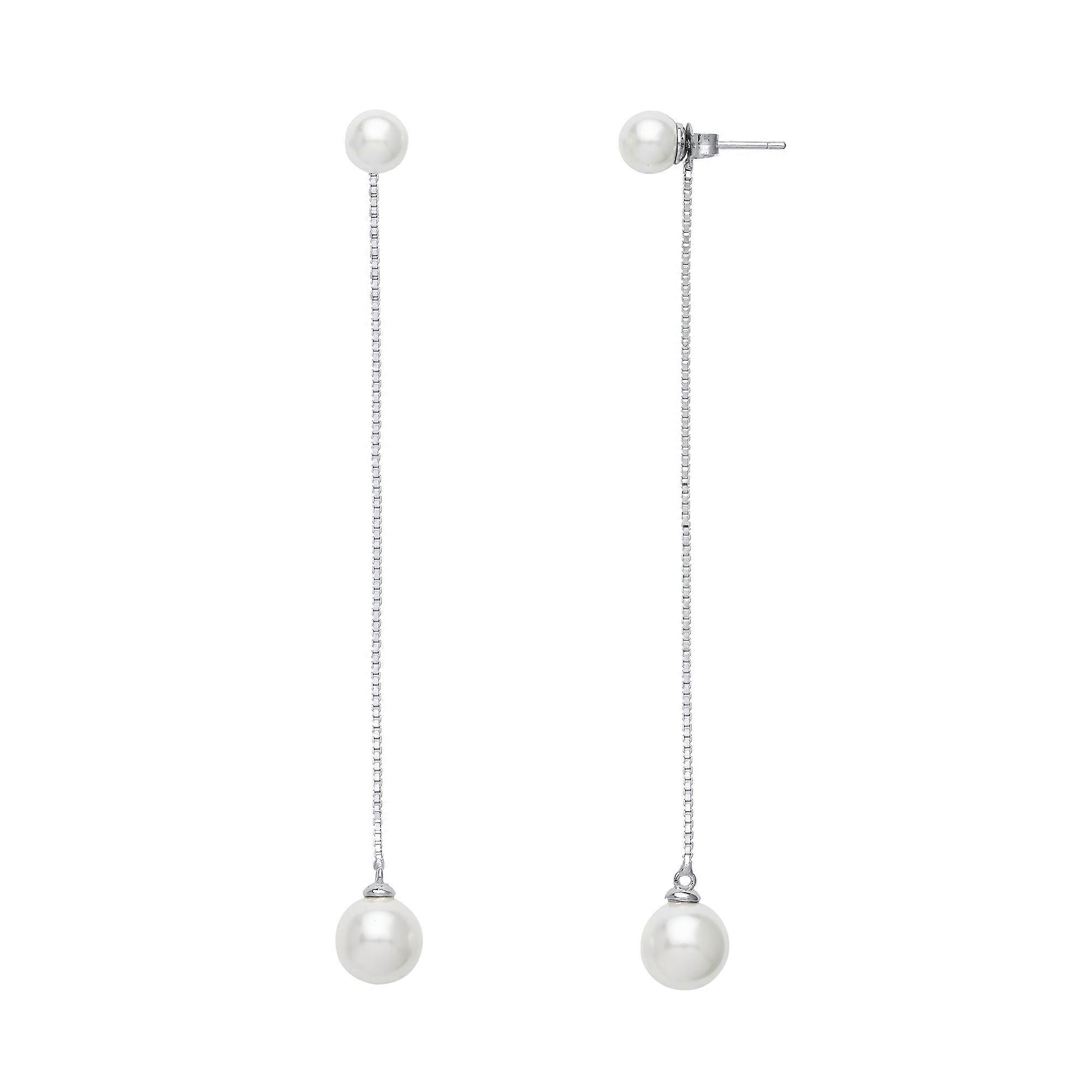 Jewelco London Ladies Sterling Silver Simulated Pearl Long Chain Drop Earrings 6-8mm 85mm