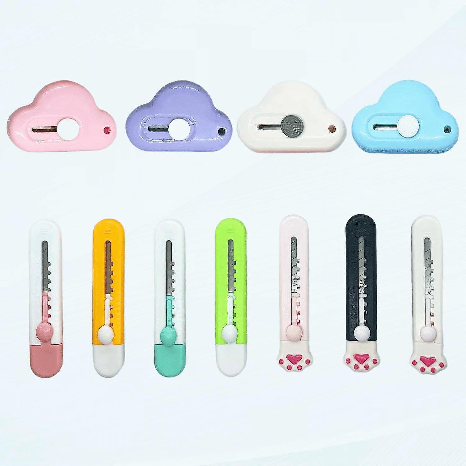11PCS Cute Retractable Mini Utility Knife Set, Compatible with Cardboard, Paper, Envelopes & Bags, Cat Claw & Cloud Design