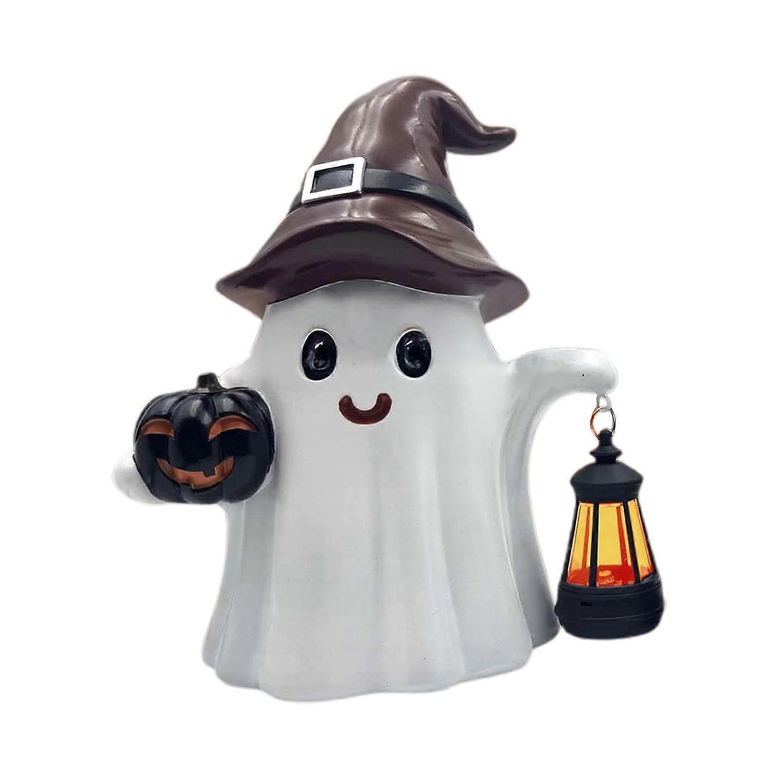 Solar Cute Ghost Statue Halloween Desktop Ornament Weather-Resistant Handmade Resin Pumpkin Ghost Figure with Light