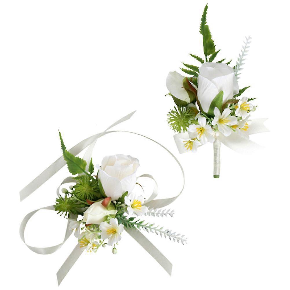 Rectangular 5 Sets Boutonniere And Wrist Corsage Set Made With Simulation Design For Wedding Occasion Perfect For Grooms And Guests