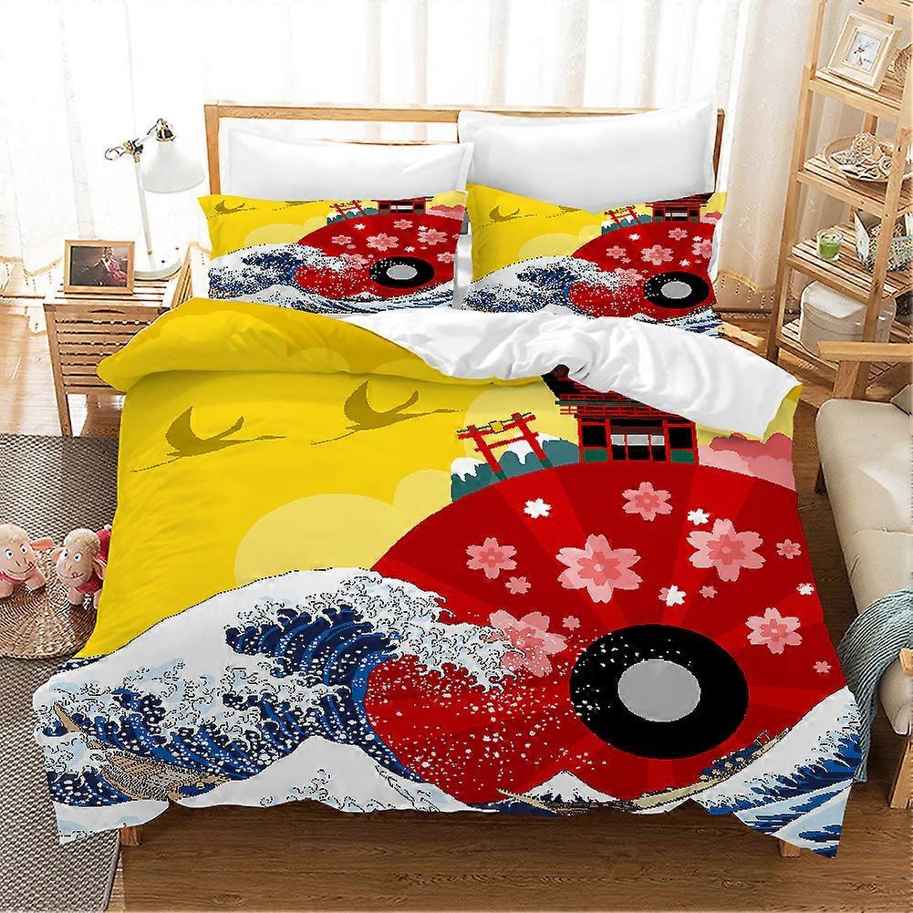Three-piece quilt set with Japanese Kanagawa waves pattern and 3D printed bedding set