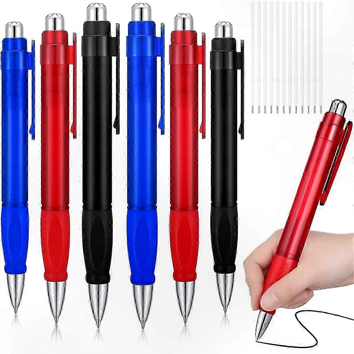 Bulk Pack of 6 Large Ballpoint Pens with Black Ink and Refills Included