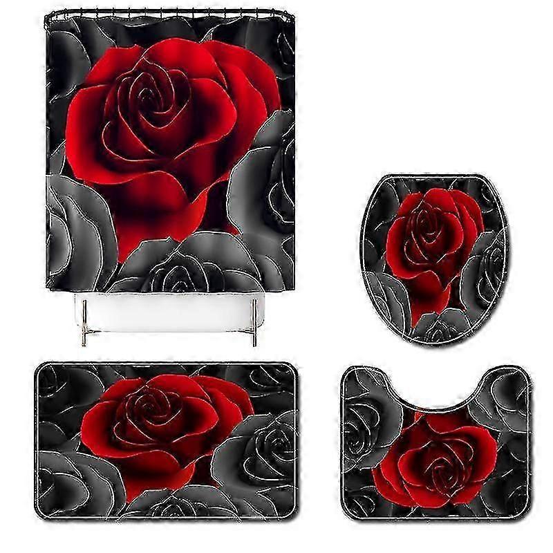 フラワープリントシリーズローズトイレフロアマット4ピースポリエステルシャワーカーテン