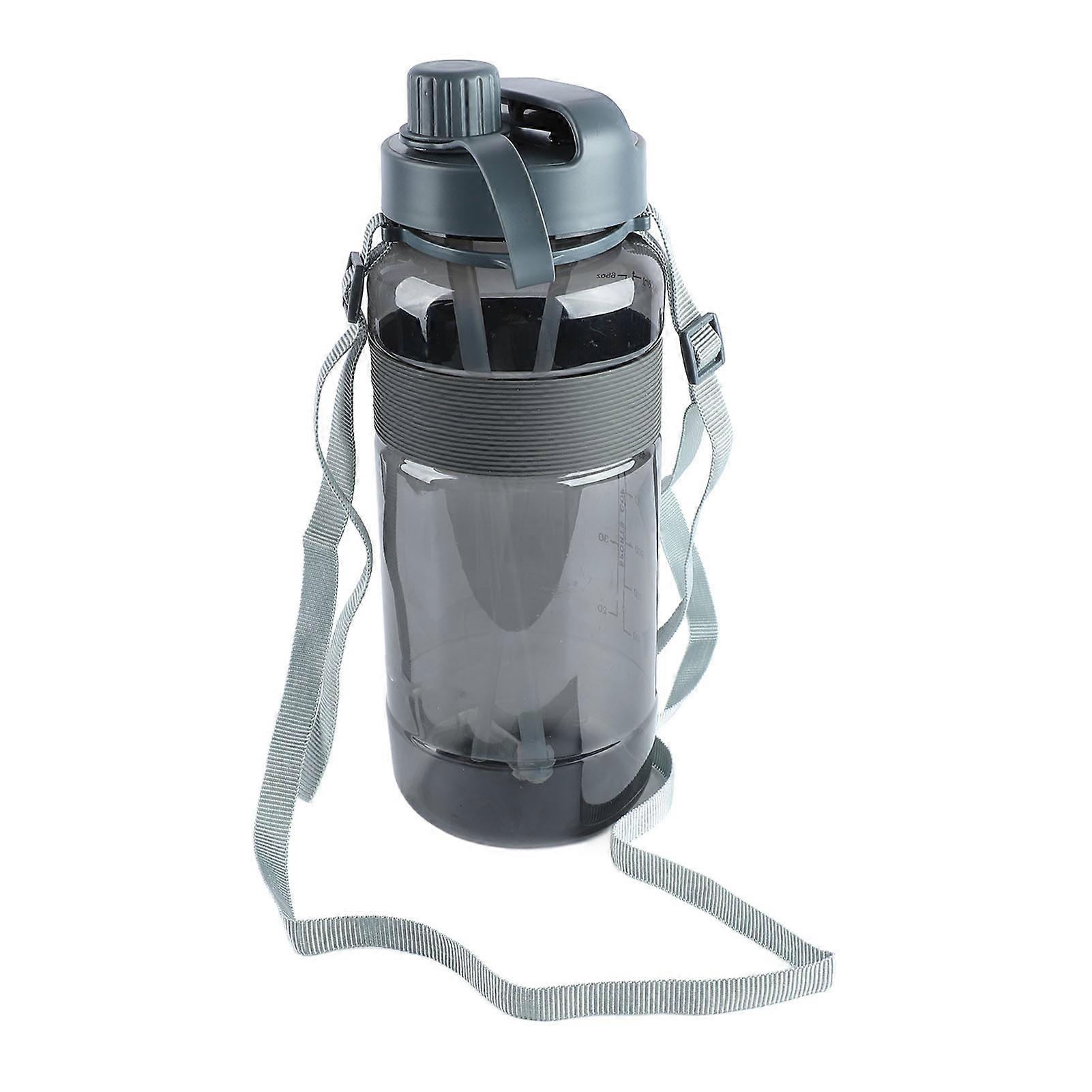 Sports Water Bottle Leakage Proof Detachable Silicone Straw Portable Drinking Bottle with Handle Strap 2000ml Gray 
