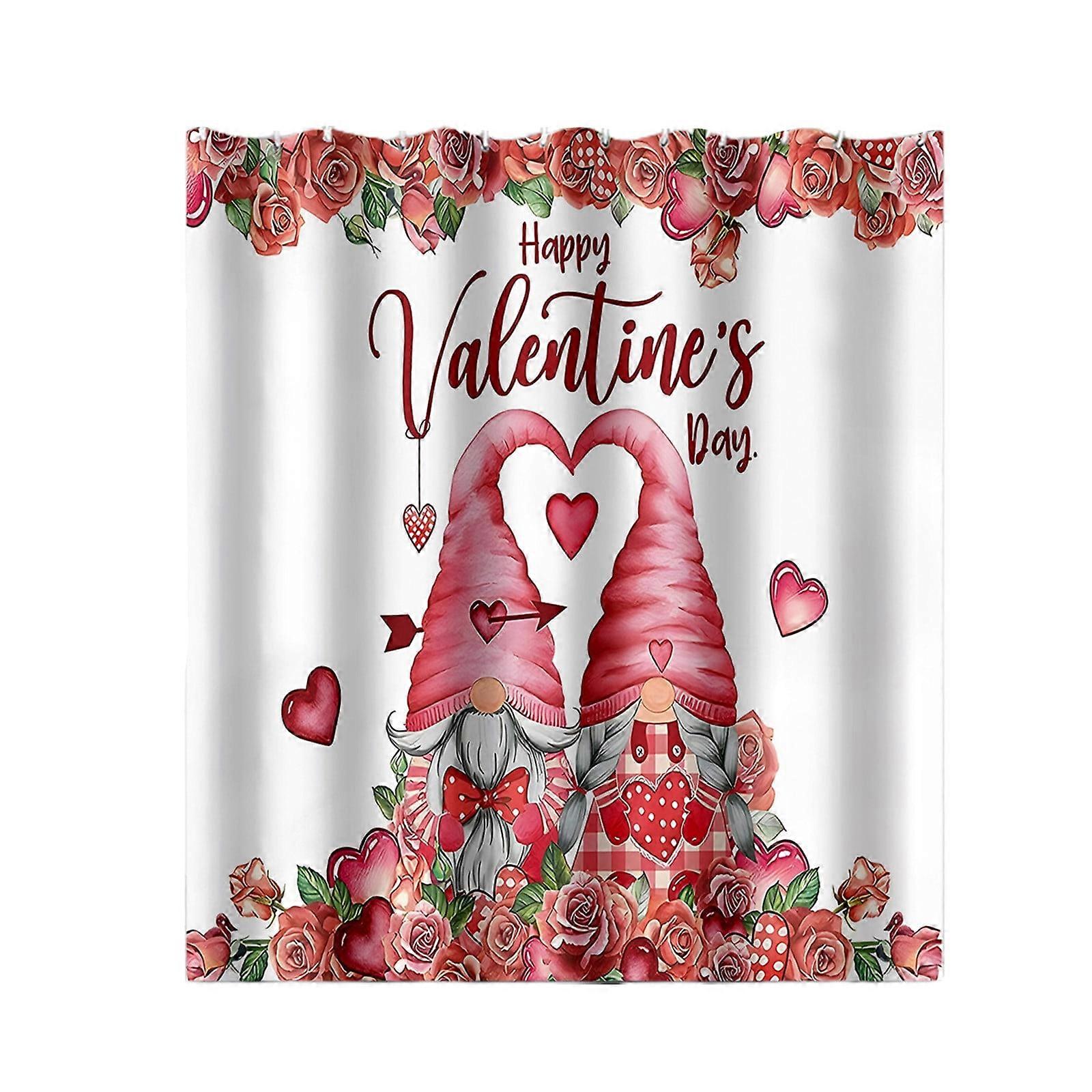 Valentine's Day Shower Curtain Set with Red Roses & Hearts, Compatible with Gnome Themes, Includes Hooks