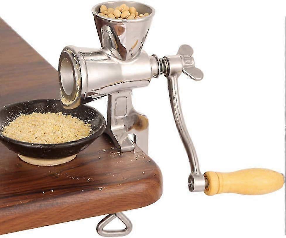 Manual grain grinder for kitchen with wooden handle, table clip design for corn and coffee beans