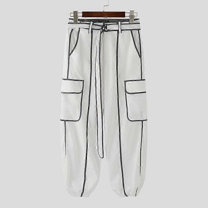 INCERUN Men Zip-up Waist Belt Casual Stitching Thin Harem Pants with Pockets