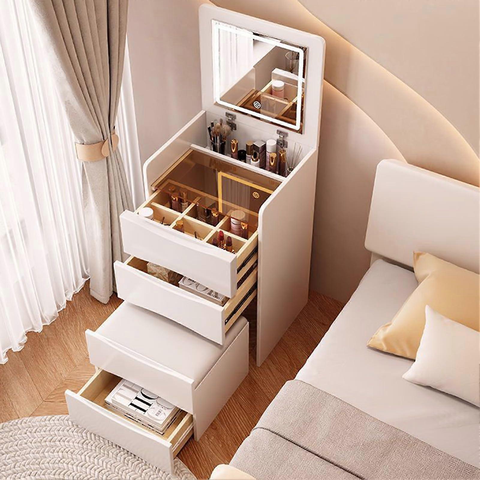 White Makeup Vanity Table with 3Color LED Touch Mirror and Upholstered Stool for Bedroom