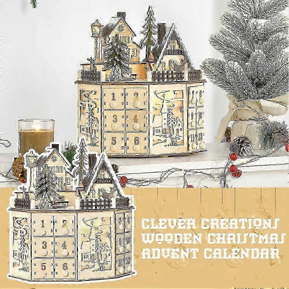 Led 24 Day Wooden Advent Calendar Decorated With Christmas Tree Reindeer