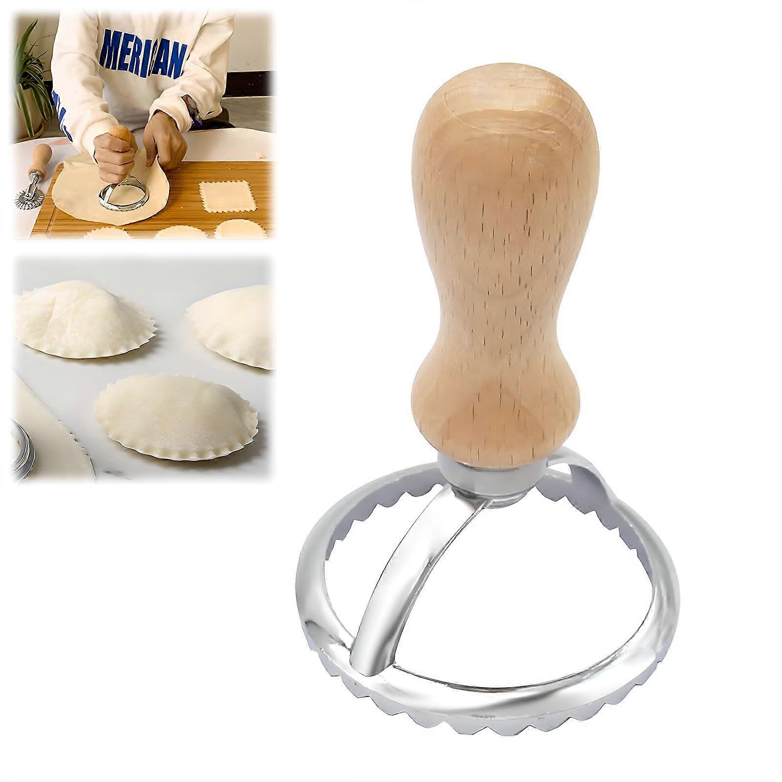 Ravioli Maker with Ergonomic Wood Handle, Fluted Edge Pasta Cutter Wheel, Manual Press Round
