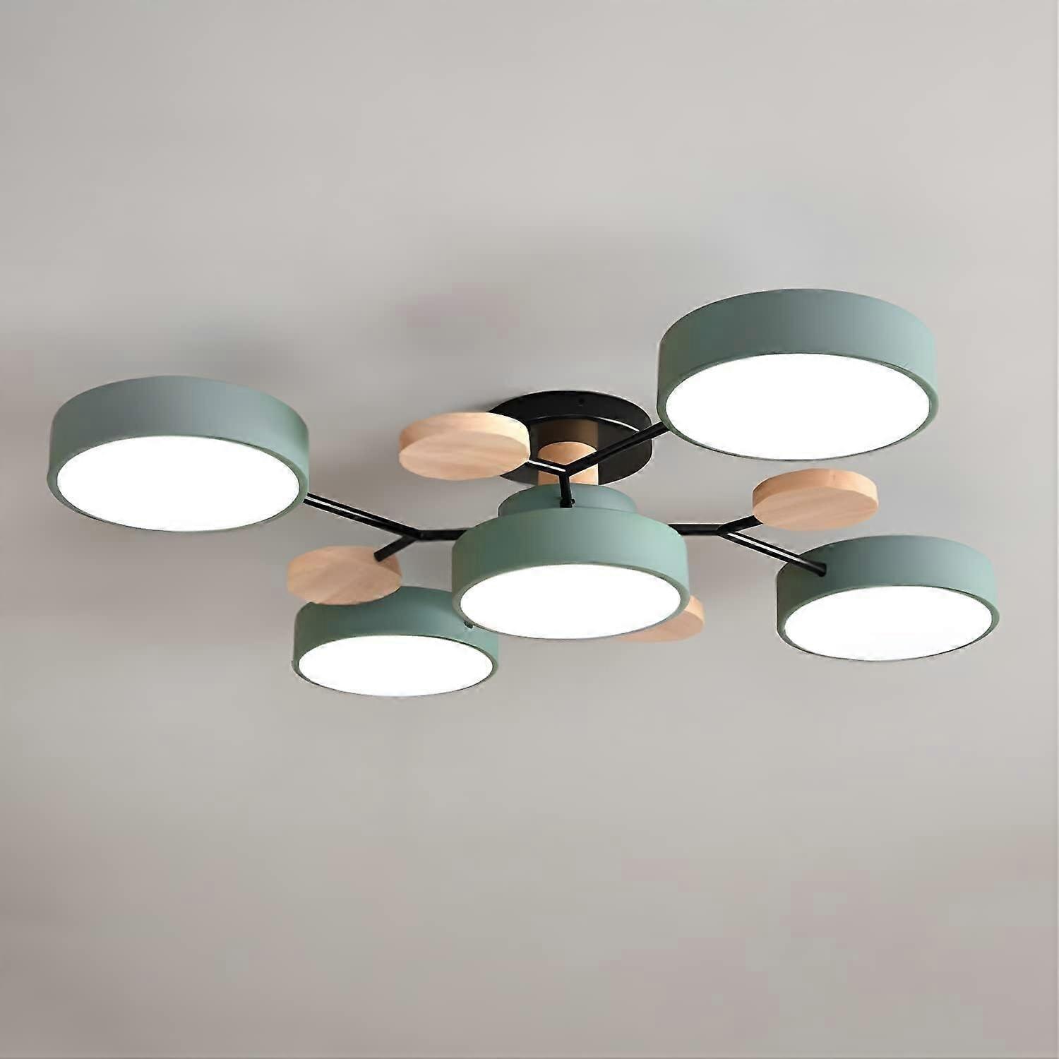 Wood Sputnik LED Semi Flush Mount Ceiling Light, Adjustable Color Temperature, Green 5Light