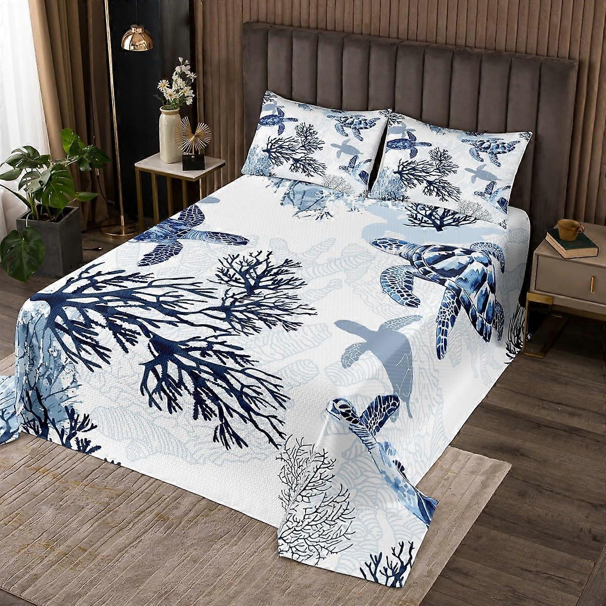 Turtle Bedding Set King Size with Hawaiian Sea Turtle Quilt, Ocean Theme Bedspread for Allseason Comfort