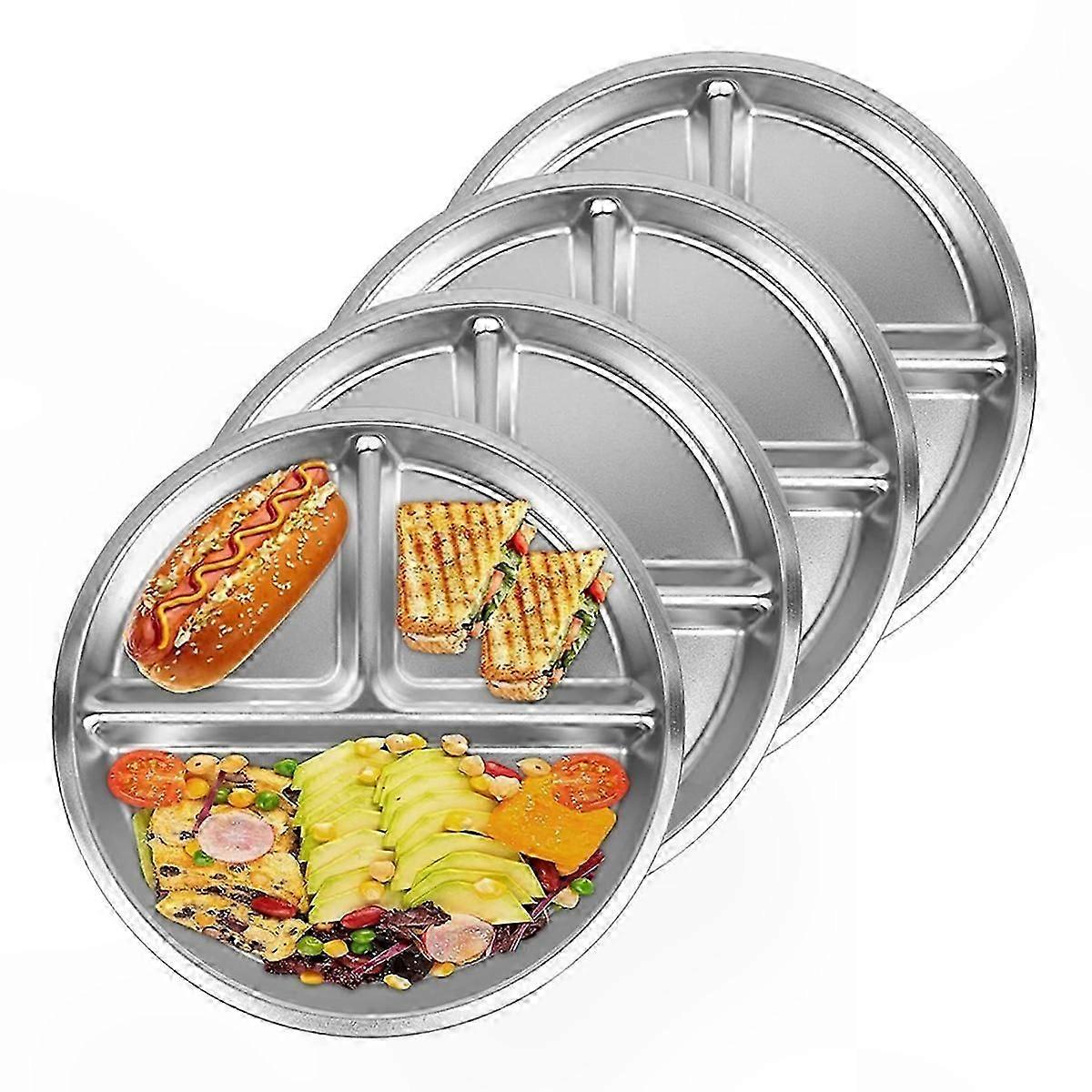 3-Section Round Divided Plates, 8" Stainless Steel Portion Control Plates (4 Pack)