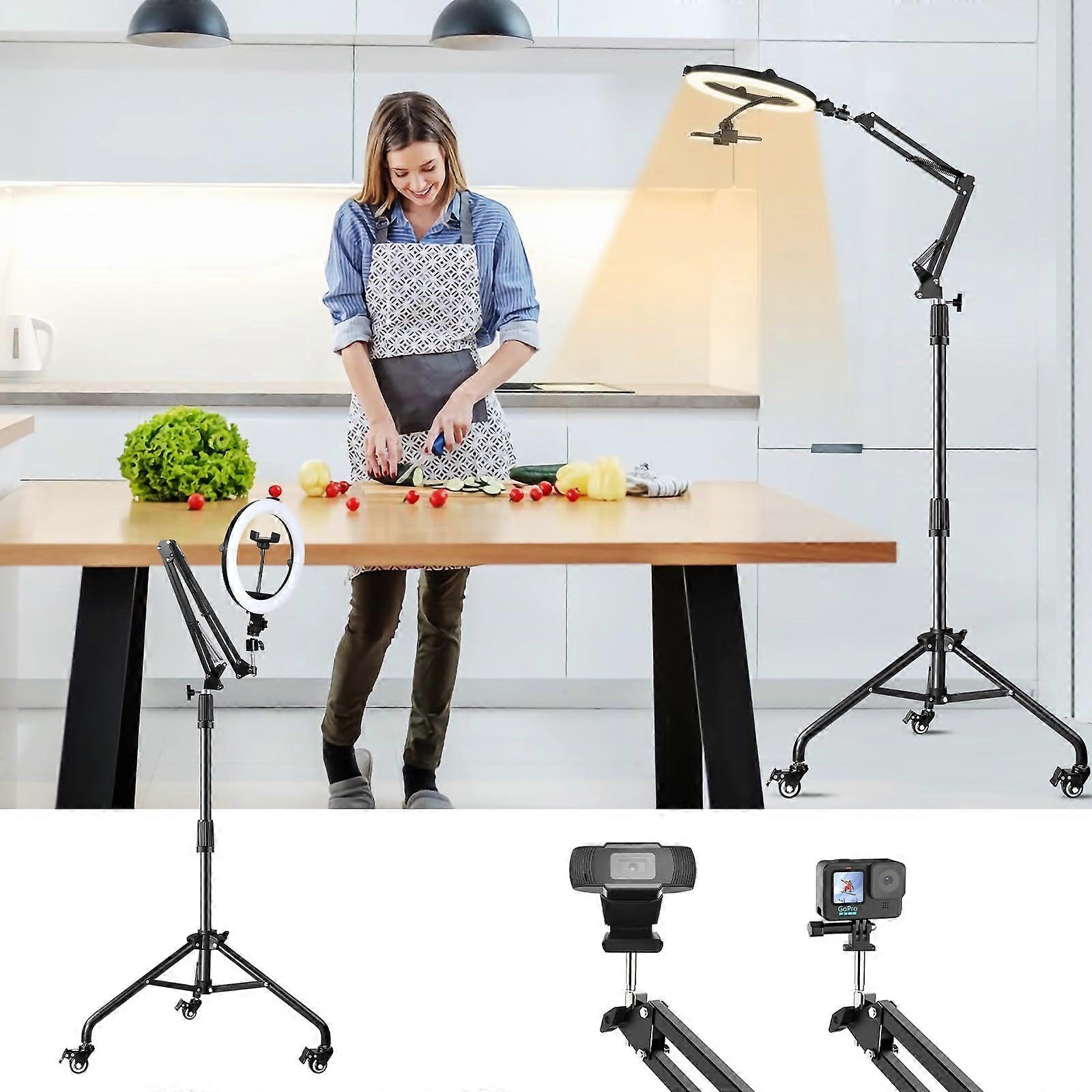 Overhead Phone Tripod for Cooking Videos with 10in Ring Light Stand, 360° Swivel, Caster Wheels