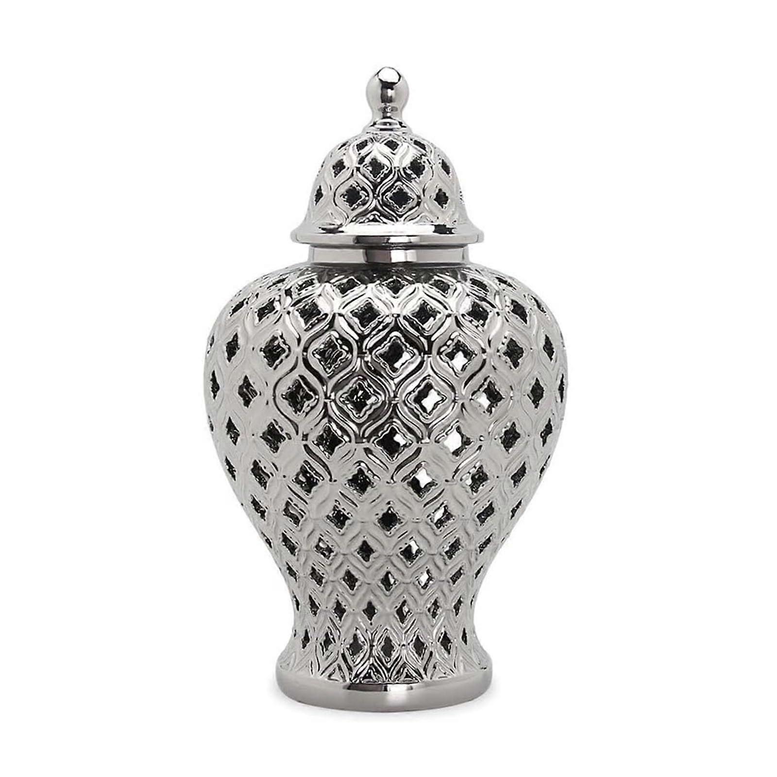 White Glazed Ceramic Temple Jar with Lid, Elegant Lattice Design, Decorative Ginger Jar 20x33cm