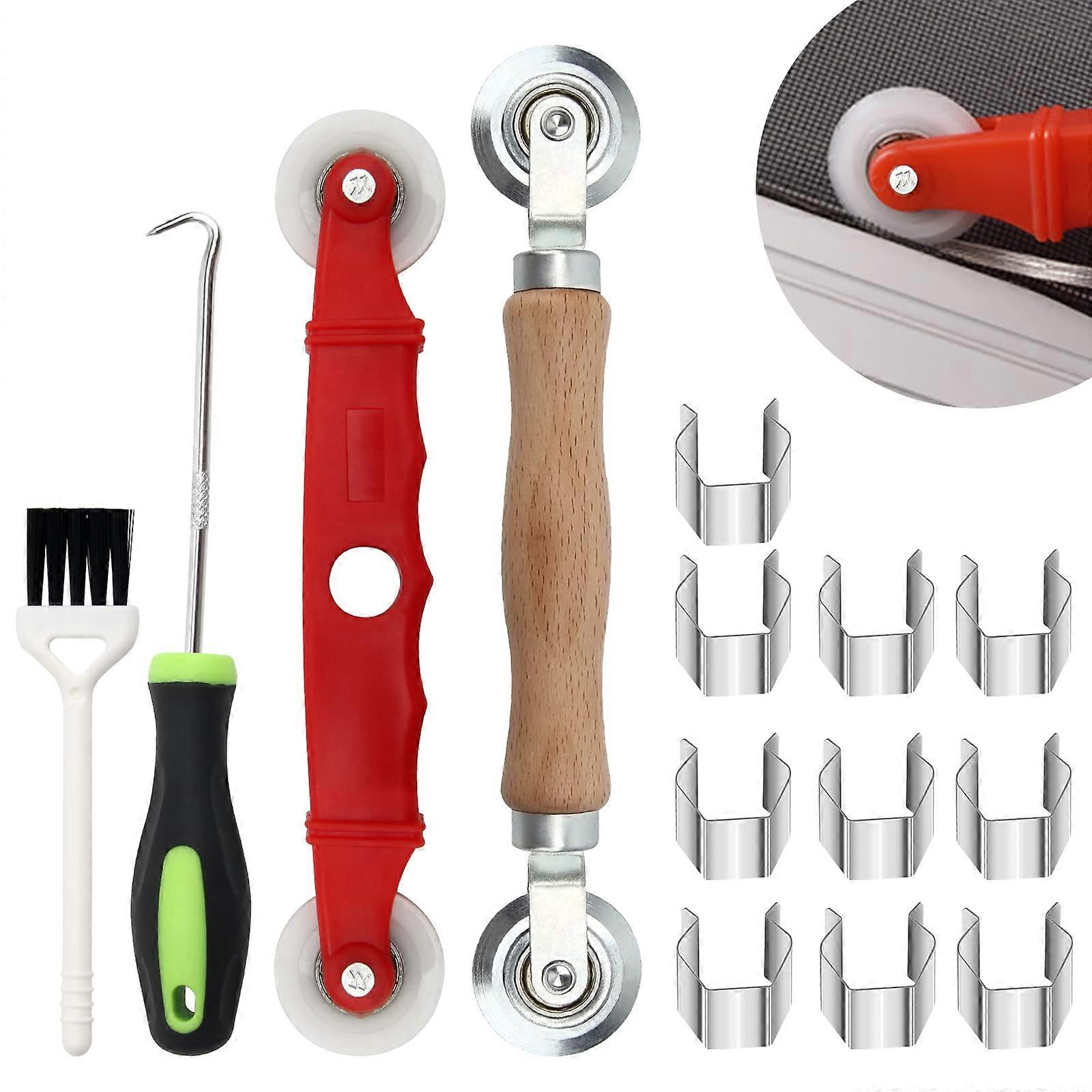 14PCS Window Screen  Kit with Rolling Tools, Spline Hook, Clips and Cleaning Brush