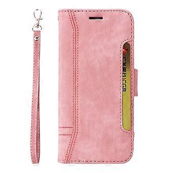 Case For Iphone 13 Pink-side Card Leather Large Hand Strap Solid Side No9557
