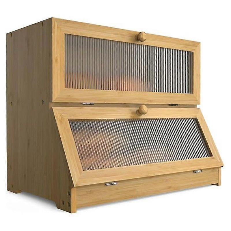 Double Layer Bamboo Bread Box for Kitchen Counter-Large Capacity Bread Storage Container Bread Box