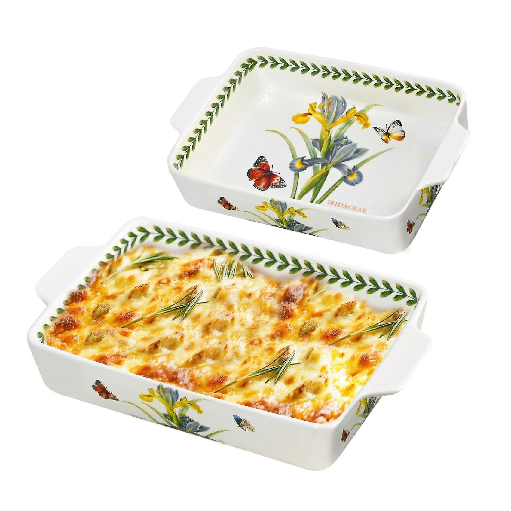 Ceramic Baking Dish Set with Handles, Oven Safe Lasagna Pan, Floral Pattern, 2pcs Iris 13'x8'+10.3'x6.3'