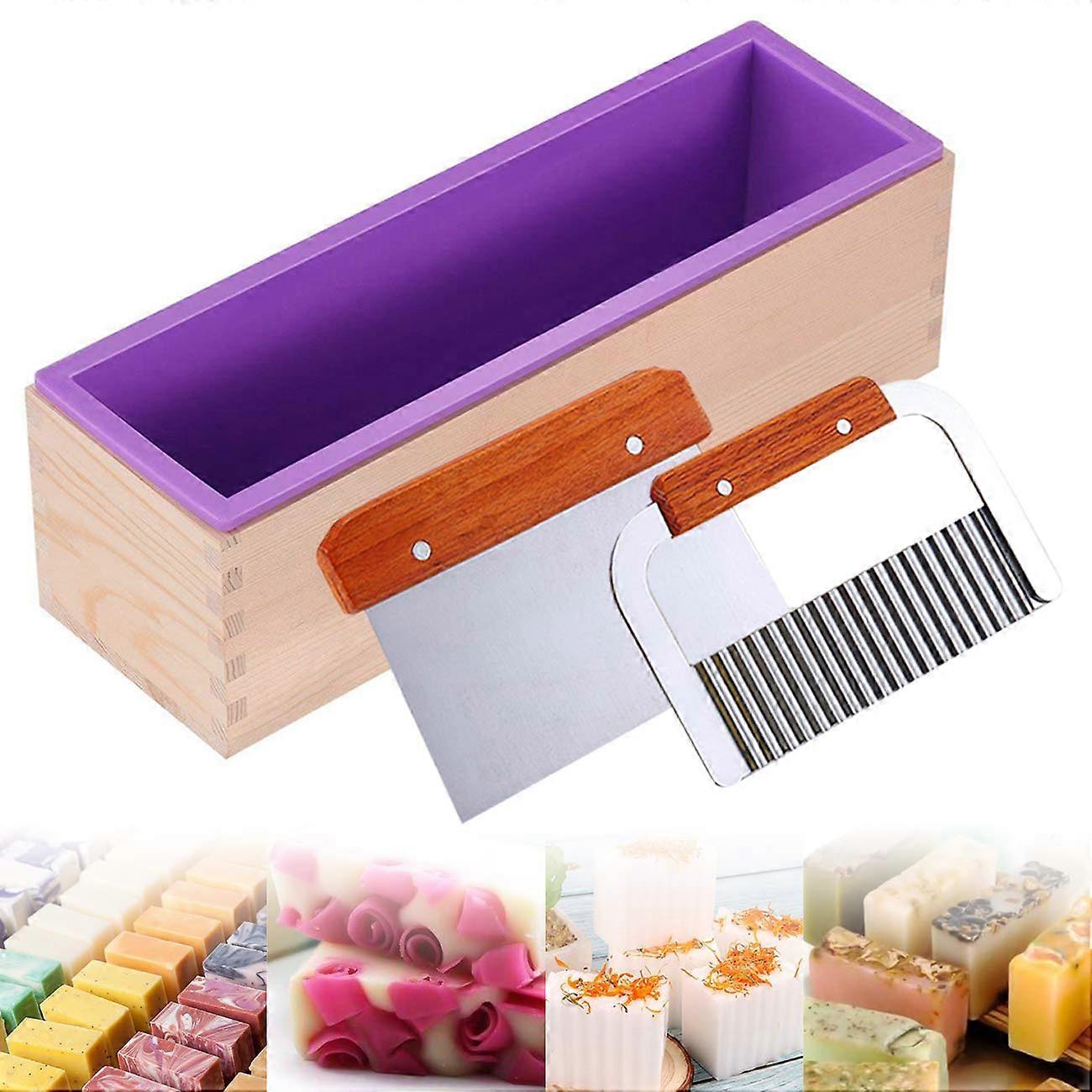 Silicone Soap Making Mold Kit with Wooden Box, 42oz Rectangular NonStick Easy Clean Scrapers (Purple)