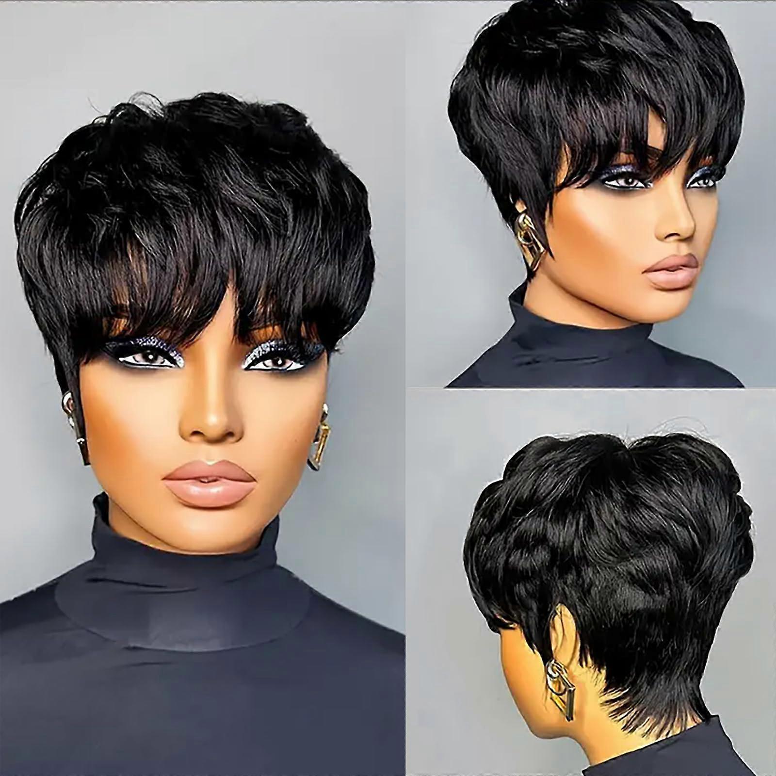 Human Hair Pixie Cut Wig with Bangs Layered 1B Natural Black Adjustable Breathable Cap