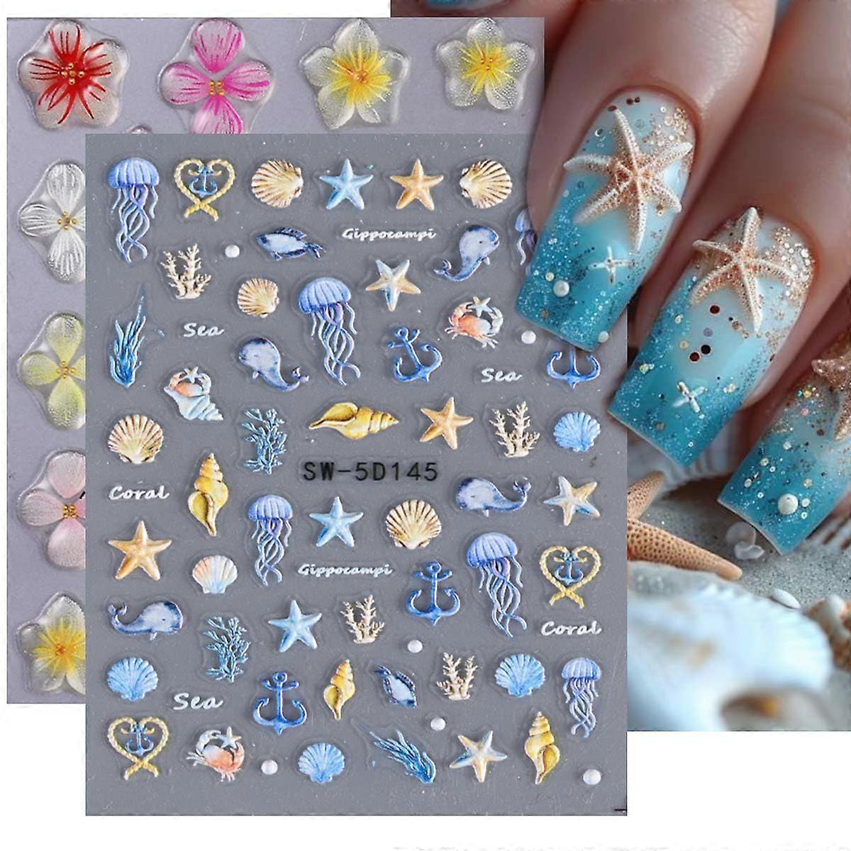 5D Beach Theme Nail Art Stickers 3D SelfAdhesive Vinyl Seashell Starfish Decals 2 Sheets